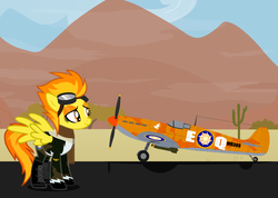 Size: 1024x728 | Tagged: safe, artist:zehfox, spitfire, pegasus, pony, g4, boots, cactus, clothes, female, fighter, goggles, lidded eyes, mare, military, military uniform, namesake, plane, saguaro cactus, scarf, show accurate, solo, spread wings, supermarine spitfire, uniform