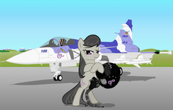 Size: 2742x1741 | Tagged: safe, artist:lonewolf3878, octavia melody, earth pony, pony, g4, aircraft, bipedal, blushing, female, helmet, jas-39 gripen, jet, jet fighter, pilot, plane, solo, warplane