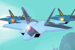 Size: 1000x671 | Tagged: safe, artist:lemonyhooves, rainbow dash, g4, aircraft, airplane dash, f-22 raptor, jet, jet fighter, lockheed corporation, plane