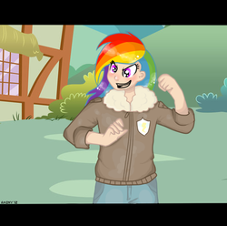 Size: 500x495 | Tagged: safe, artist:rainydaysahead, rainbow dash, human, g4, clothes, female, humanized, jacket, pilot, solo