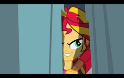 Size: 800x501 | Tagged: safe, artist:pixelkitties, edit, edited screencap, screencap, sunset shimmer, equestria girls, g4, my little pony equestria girls, axe, female, here's johnny, solo, the shining, weapon