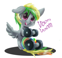 Size: 3375x3150 | Tagged: safe, artist:owlvortex, oc, oc only, oc:wheely bopper, original species, wheelpone, cute, floppy ears, fluffy, looking at you, open mouth, sitting, smiling, solo, sound effects, spread wings