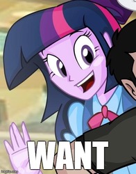Size: 452x578 | Tagged: safe, artist:wolfjedisamuel, edit, twilight sparkle, equestria girls, g4, against glass, disturbing the force meme, glass, happy, image macro, smiling, want