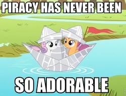 Size: 800x609 | Tagged: safe, edit, edited screencap, screencap, scootaloo, sweetie belle, g4, ponyville confidential, cropped, cute, cutealoo, diasweetes, duo, hat, image macro, newspaper, paper boat, paper hat