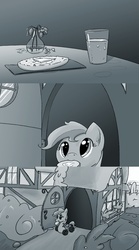 Size: 500x900 | Tagged: safe, artist:rainbowvan45, oc, oc only, oc:wheely bopper, original species, wheelpone, bread, breakfast, butter, comic, flower, glass, house, meal, monochrome, morning, mouth hold, petals, saddle bag, vase