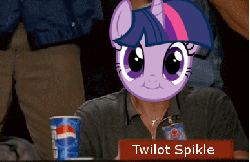 Size: 387x251 | Tagged: safe, edit, twilight sparkle, g4, :i, animated, chuck norris, cute, cute face, dodgeball, faic, female, irl, looking at you, male, photo, reaction image, smiling, smirk, thumbs up, twiface, twilot spikle