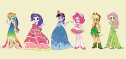 Size: 1700x800 | Tagged: safe, artist:snowsmilexxx, applejack, fluttershy, pinkie pie, rainbow dash, rarity, twilight sparkle, alicorn, equestria girls, g4, the best night ever, clothes, dress, eqg promo pose set, gala dress, humane five, humane six, humanized, line-up, mane six, simple background, sleeveless, twilight sparkle (alicorn), yellow background