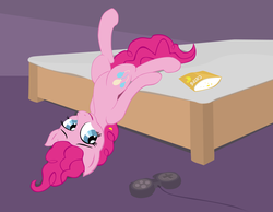 Size: 2018x1566 | Tagged: safe, artist:frostenstein, pinkie pie, g4, bed, bored, chips, controller, female, solo, upside down, video game
