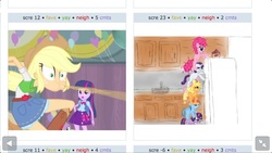 Size: 1136x640 | Tagged: safe, applejack, fluttershy, pinkie pie, rainbow dash, rarity, spike, twilight sparkle, dog, derpibooru, equestria girls, g4, my little pony equestria girls, cookie jar, exploitable meme, juxtaposition, meme, meta, spike the dog, wat