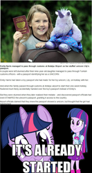 Size: 500x943 | Tagged: safe, twilight sparkle, human, equestria girls, g4, article, caption, funny, irl, irl human, looking at you, luggage, passport, photo, plushie, text, you had one job