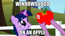 Size: 960x540 | Tagged: safe, edit, edited screencap, screencap, spike, twilight sparkle, g4, the ticket master, apple, cannot unsee, food, image macro, microsoft windows, pun, sweet apple acres, text