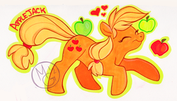 Size: 700x400 | Tagged: safe, artist:tea-tiger, applejack, g4, apple, eyes closed, female, solo