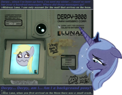 Size: 895x694 | Tagged: safe, artist:ponyweed, derpy hooves, princess luna, robot, g4, artificial intelligence, awesome face, gerty, hasbro, moon, moon (film), parody, s1 luna, sad, science fiction, space, text, tyrant celestia