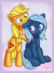 Size: 600x815 | Tagged: safe, artist:eltaile, applejack, oc, earth pony, pegasus, pony, g4, biting, blushing, cute, duo, ear bite