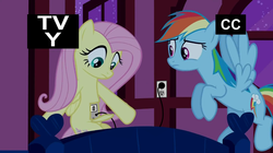 Size: 1920x1072 | Tagged: safe, artist:dtkraus, edit, edited screencap, screencap, fluttershy, rainbow dash, pegasus, pony, robot, g4, the super speedy cider squeezy 6000, charging, electrical outlet, electricity, female, flutterbot, fluttershy sleeps naked, goddammit kraus, mare, plug, tv-y, wat