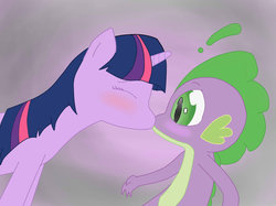 Size: 1024x765 | Tagged: safe, artist:ratherdevious, spike, twilight sparkle, dragon, pony, unicorn, g4, duo, exclamation point, female, kissing, male, mare, ship:twispike, shipping, spikelove, straight, surprise kiss, unicorn twilight