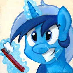 Size: 509x508 | Tagged: safe, artist:kenket, artist:spainfischer, minuette, pony, unicorn, g4, female, magic, smiling, solo, sparkling, teeth, toothbrush, toothpaste