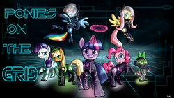 Size: 1600x910 | Tagged: safe, artist:annakitsun3, applejack, fluttershy, pinkie pie, rainbow dash, rarity, spike, twilight sparkle, g4, identity disk, mane seven, mane six, tron