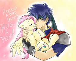 Size: 1024x826 | Tagged: safe, artist:maplesugarpone, fluttershy, human, pony, g4, blushing, crossover, cute, fire emblem, holding a pony, hug, human on pony snuggling, ike, nintendo, request, shyabetes, snuggling
