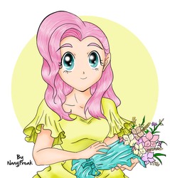 Size: 2000x2094 | Tagged: safe, artist:nancysauria, fluttershy, human, g4, bouquet, clothes, dress, female, flower, humanized, looking at you, signature, smiling, solo, sundress