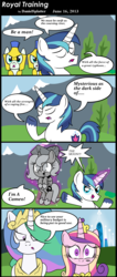 Size: 1200x2838 | Tagged: safe, artist:daniel-sg, princess cadance, princess celestia, princess luna, shining armor, pony, unicorn, moonstuck, g4, annoyed, cameo, cartographer's cap, comic, debate in the comments, female, filly, frown, hair over one eye, hat, i'll make a man out of you, levitation, lip bite, magic, male, mare, mulan, open mouth, royal guard, smiling, smirk, stallion, telekinesis, wide eyes, woona, worried