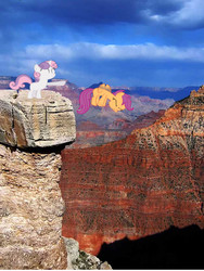 Size: 627x836 | Tagged: safe, scootaloo, sweetie belle, g4, grand canyon, ponies in real life, this will end in tears