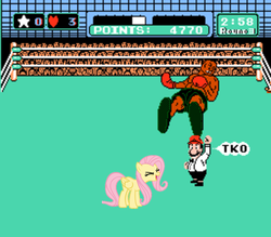 Size: 500x437 | Tagged: safe, edit, fluttershy, pegasus, pony, g4, boxing, eyes closed, female, flutteryay, knockout, male, mare, mario, mike tyson, nintendo, nintendo entertainment system, punch-out!!, super mario bros., yay