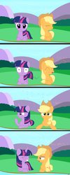 Size: 565x1413 | Tagged: dead source, safe, artist:nostalgiagamerjs, applejack, twilight sparkle, pony, g4, blushing, comic, cute, embarrassed, eyes closed, fart, fart noise, frown, grin, gritted teeth, nervous, onomatopoeia, open mouth, prone, smiling, sound effects, sparkles, twilight fartle