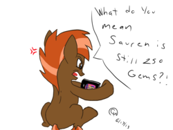 Size: 1600x1200 | Tagged: safe, artist:mariokid97, gameloft, button mash, soarin', earth pony, pony, g4, angry, back, button, colt, crack is cheaper, game, hooves, ipod, male, misspelling, open mouth, simple background, sitting, solo, speech bubble, transparent background, video game