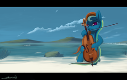 Size: 1024x648 | Tagged: safe, artist:auroriia, rainbow dash, pony, seagull, g4, beach, bipedal, cello, cloud, cloudy, female, mare, mountain, musical instrument, ocean, rock, sand, scenery, serene, signature, sky, solo, stars, wingless