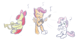 Size: 1920x1110 | Tagged: safe, artist:naterrang, apple bloom, scootaloo, sweetie belle, g4, band geeks, cutie mark crusaders, guitar, mayonnaise, music, musical instrument, sketch, spongebob squarepants, trumpet