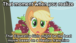 Size: 640x360 | Tagged: safe, edit, edited screencap, screencap, applejack, earth pony, pony, applebuck season, equestria girls, g4, apple, caption, female, food, image macro, solo, text, wide eyes