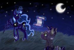 Size: 1024x697 | Tagged: safe, artist:essely, princess luna, alicorn, bat pony, pony, g4, magic, night guard, scroll