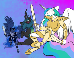 Size: 1000x778 | Tagged: source needed, safe, artist:foxenawolf, princess celestia, princess luna, queen chrysalis, alicorn, changeling, changeling queen, anthro, unguligrade anthro, g4, armor, epic, female, fight, sword, warrior, warrior celestia, warrior luna, weapon