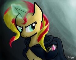 Size: 2150x1706 | Tagged: dead source, safe, artist:katrina-mae, sunset shimmer, pony, unicorn, g4, cape, clothes, female, hood, looking back, magic, solo