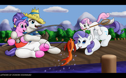 Size: 1024x630 | Tagged: safe, artist:thedigodragon, cookie crumbles, hondo flanks, rarity, sweetie belle, fish, pony, unicorn, g4, clothes, cloud, cloudy, earring, family, female, filly, fishing, foal, lake, male, mare, mountain, net, pier, ponies riding ponies, rarity's parents, riding, ship:cookieflanks, stallion, sweetie belle riding rarity, tree