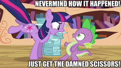 Size: 1280x720 | Tagged: safe, edit, edited screencap, screencap, spike, twilight sparkle, dragon, pony, unicorn, g4, my little pony: friendship is magic, the crystal empire, caption, female, image macro, male, mare, scissors, text