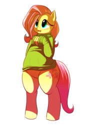 Size: 1280x1722 | Tagged: safe, artist:trinity-fate62, fluttershy, pony, g4, bipedal, blushing, bottomless, chubby, clothes, fat, fattershy, female, flutterthighs, partial nudity, solo, sweater, sweatershy