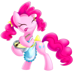 Size: 2838x2723 | Tagged: dead source, safe, artist:gatodelfuturo, pinkie pie, earth pony, pony, g4, apron, baking, batter, bipedal, clothes, cute, diapinkes, eyes closed, female, pigtails, simple background, solo, spoon, stirring, tongue out, transparent background