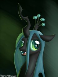 Size: 1872x2500 | Tagged: safe, artist:vertex-the-pony, queen chrysalis, changeling, changeling queen, g4, bust, crown, fangs, female, horn, jewelry, mare, open mouth, regalia, solo