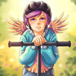 Size: 800x800 | Tagged: safe, artist:ninjaham, scootaloo, human, g4, clothes, cute, cutealoo, female, helmet, humanized, jacket, pony coloring, scooter, solo, winged humanization