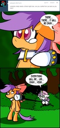 Size: 2400x5100 | Tagged: safe, artist:pembroke, scootaloo, sweetie belle, pony, unicorn, g4, bipedal, collar, comic, female, filly, lesboloo, meanie belle, tumblr