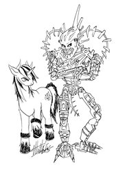 Size: 1024x1516 | Tagged: safe, oc, bionicle, crossover, hakan, horn, lego, monochrome, piraka, tricorn