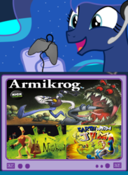 Size: 900x1230 | Tagged: safe, princess luna, gamer luna, g4, armikrog, earthworm jim, exploitable meme, fundraiser, gamer meme, kickstarter, the neverhood, tv meme