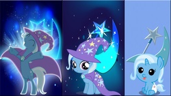 Size: 1920x1080 | Tagged: safe, artist:mr-kennedy92, trixie, pony, g4, baby, baby pony, cape, clothes, collage, cutie mark, diaper, filly, foal, hat, stars, trixie's cape, trixie's hat, vector, wallpaper