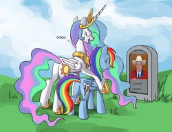 Size: 910x700 | Tagged: safe, princess celestia, rainbow dash, alicorn, pegasus, pony, g4, butt, celestia's grave meme, exploitable meme, female, fred phelps, gravestone, hilarious in hindsight, implied death, mare, plot, westboro baptist church