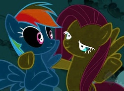 Size: 624x458 | Tagged: safe, edit, edited screencap, screencap, fluttershy, rainbow dash, g4, glowing eyes, hub logo, hubble, out of context, the hub