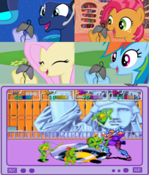 Size: 782x918 | Tagged: safe, babs seed, fluttershy, princess luna, rainbow dash, pegasus, pony, gamer luna, g4, arcade, exploitable meme, female, gamer babs, gamer meme, gamerdash, gamershy, mare, teenage mutant ninja turtles, tv meme