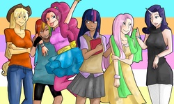 Size: 1343x800 | Tagged: safe, artist:chika_rosio, applejack, fluttershy, pinkie pie, rainbow dash, rarity, twilight sparkle, human, g4, dark skin, horn, horned humanization, humanized, mane six, winged humanization