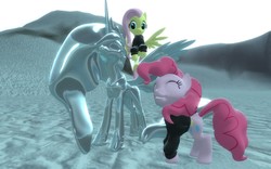 Size: 1680x1050 | Tagged: safe, artist:pinkie diane roosevelt phd, fluttershy, pinkie pie, princess celestia, g4, 3d, gmod, ice sculpture, snow, snowpony